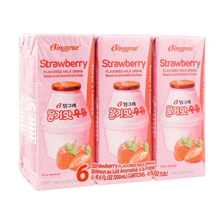 BINGGRAE Korean Strawberry Flavored Milk - 韩国宾格瑞 草莓牛奶 6盒装 6*200ml