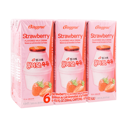 BINGGRAE Korean Strawberry Flavored Milk - 韩国宾格瑞 草莓牛奶 6盒装 6*200ml