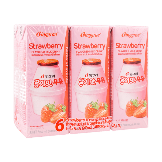 BINGGRAE Korean Strawberry Flavored Milk - 韩国宾格瑞 草莓牛奶 6盒装 6*200ml