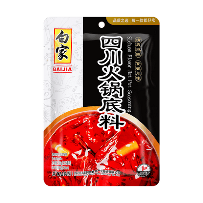 BAIJIA Spicy Sichuan Hot Pot Soup Base - Serves 2-3, 7.05oz - 白家陈记 四川火锅底料 200g 2-3人食用