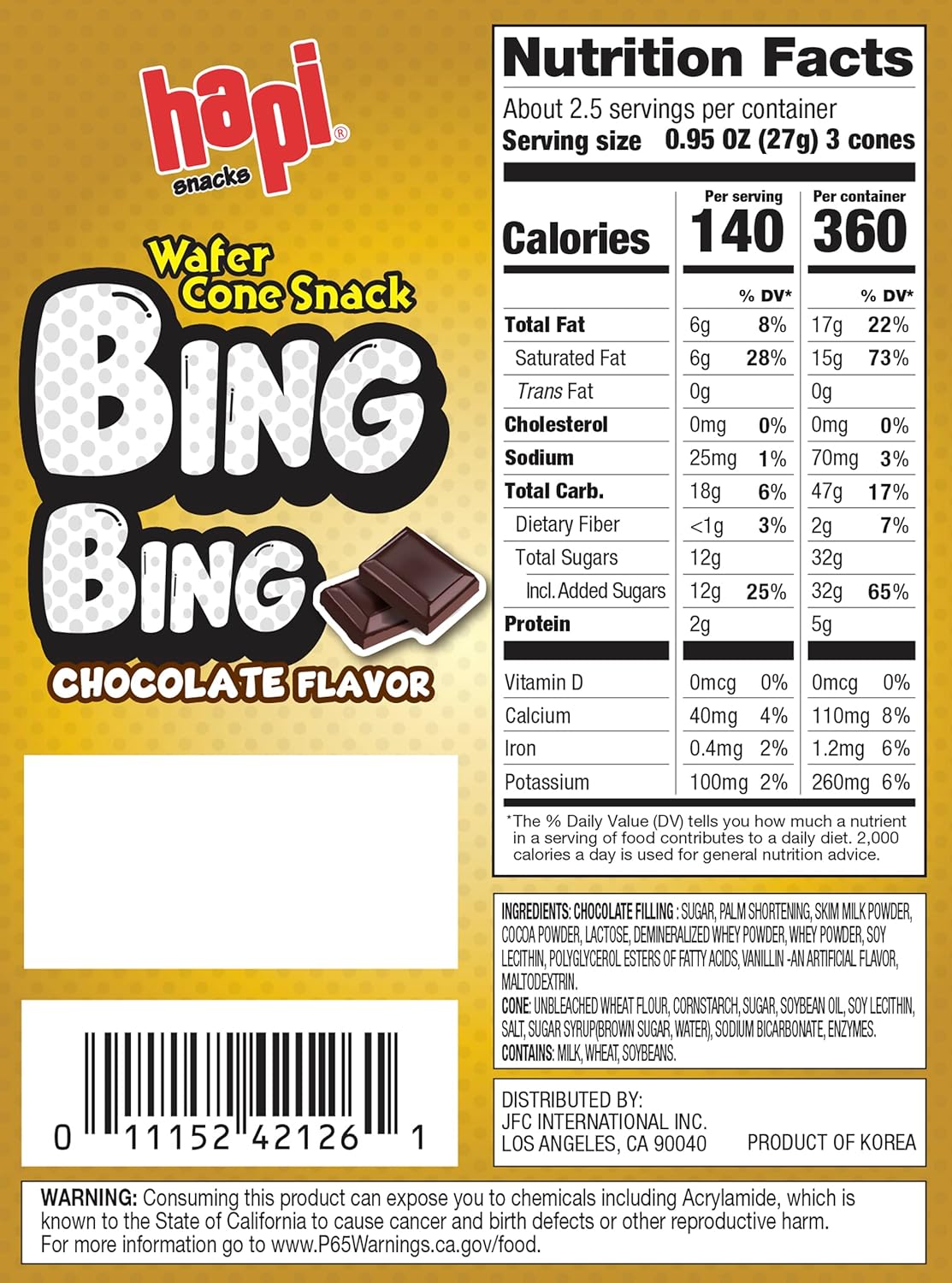 Hapi Bing Bing Ice Cream Scone Snack, Chocolate, 2.5 OZ - 巧克力脆筒 71.2 g